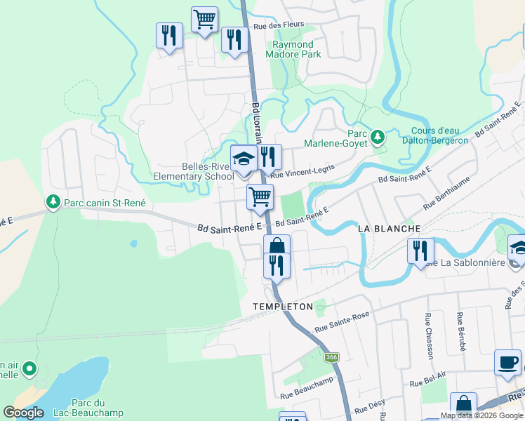 map of restaurants, bars, coffee shops, grocery stores, and more near 151 Boulevard Lorrain in Gatineau