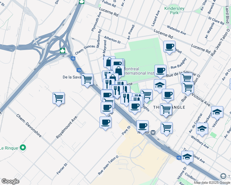 map of restaurants, bars, coffee shops, grocery stores, and more near 5196 Rue de la Savane in Montréal