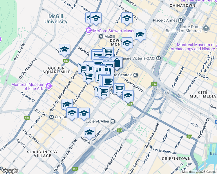 map of restaurants, bars, coffee shops, grocery stores, and more near Rue Peel in Montréal