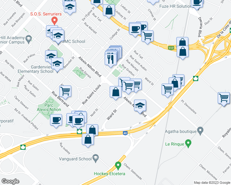map of restaurants, bars, coffee shops, grocery stores, and more near 302 Boulevard Alexis-Nihon in Montréal