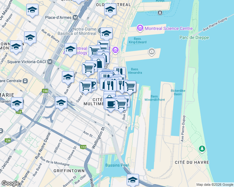 map of restaurants, bars, coffee shops, grocery stores, and more near 38 Rue McGill in Montréal