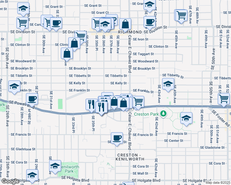 map of restaurants, bars, coffee shops, grocery stores, and more near 3704 Southeast Kelly Street in Portland