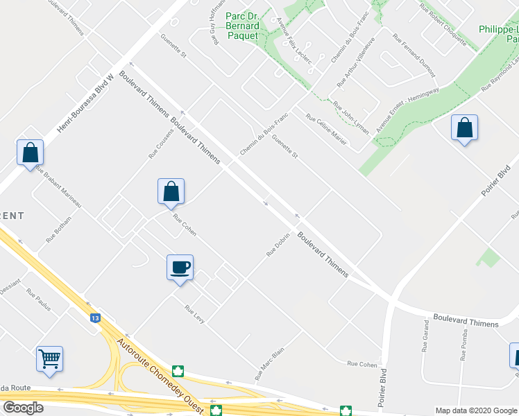 map of restaurants, bars, coffee shops, grocery stores, and more near 5750 Boulevard Thimens in Montréal