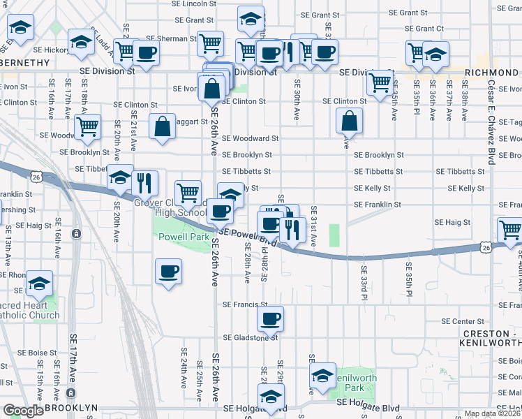 map of restaurants, bars, coffee shops, grocery stores, and more near 2834 Southeast Franklin Street in Portland