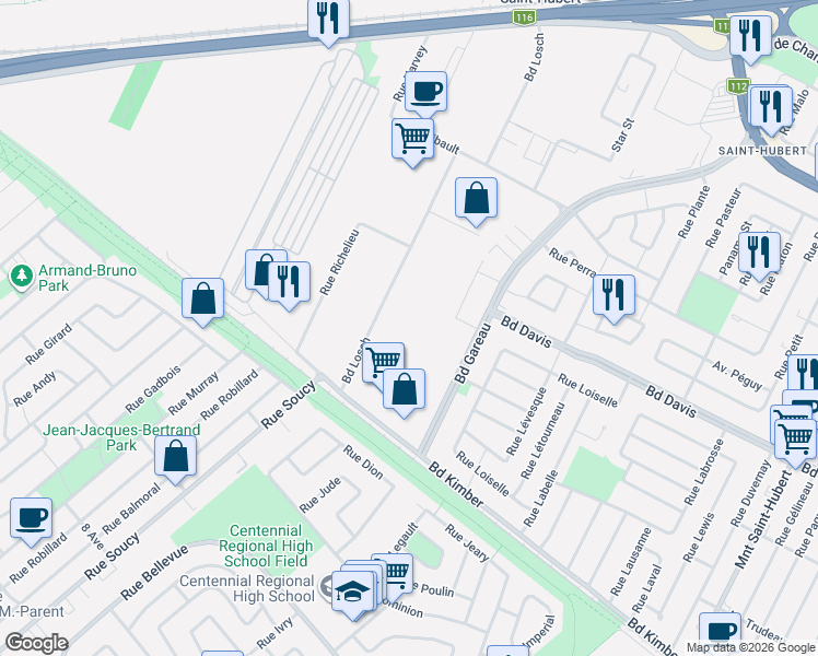 map of restaurants, bars, coffee shops, grocery stores, and more near 3715 Boulevard Losch in Longueuil