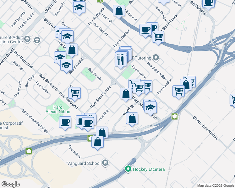 map of restaurants, bars, coffee shops, grocery stores, and more near 2222 Rue Noël in Montréal