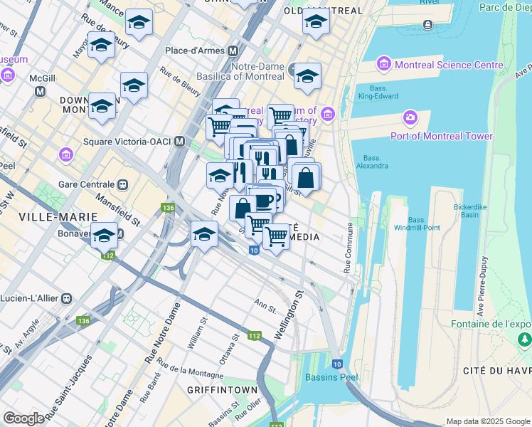 map of restaurants, bars, coffee shops, grocery stores, and more near 693-715 Rue William in Montréal