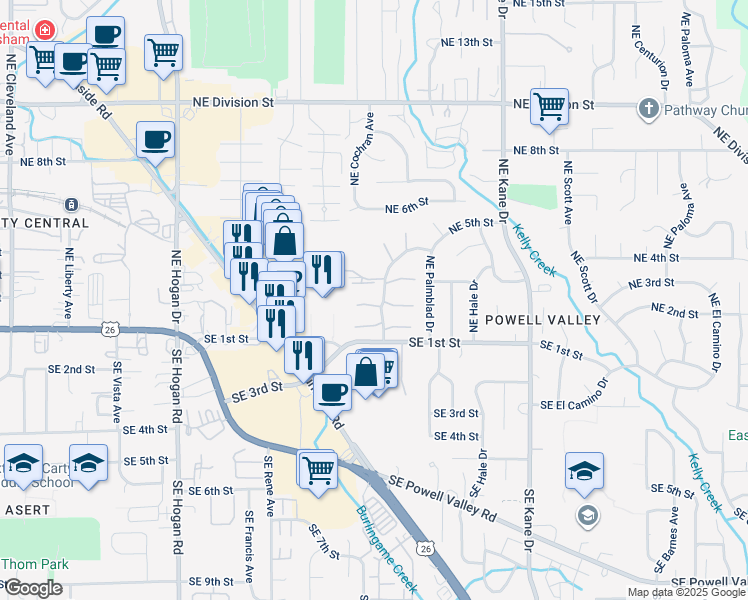map of restaurants, bars, coffee shops, grocery stores, and more near 381 Northeast Village Squire Avenue in Gresham