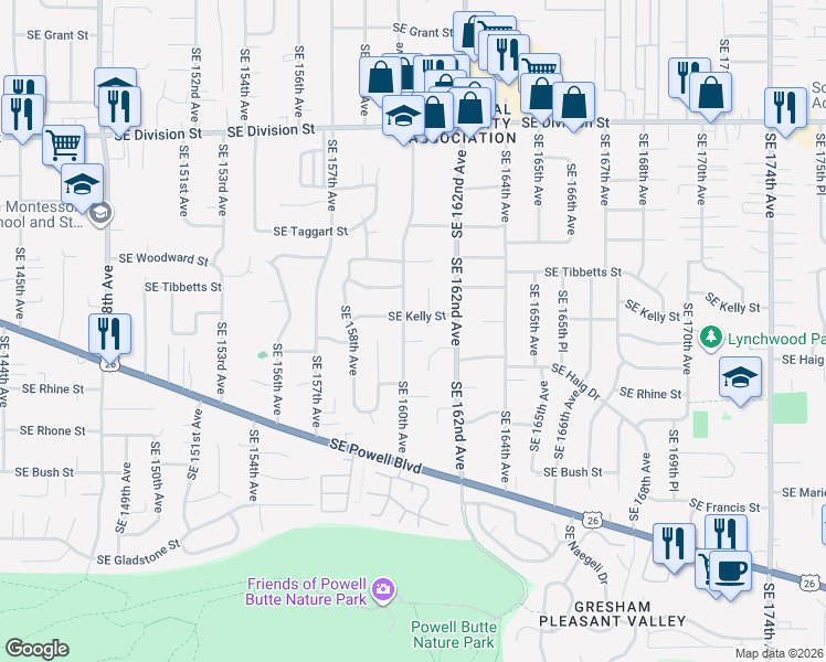 map of restaurants, bars, coffee shops, grocery stores, and more near 3147 Southeast 160th Avenue in Portland