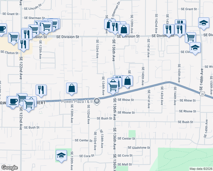 map of restaurants, bars, coffee shops, grocery stores, and more near 3114 Southeast 134th Avenue in Portland