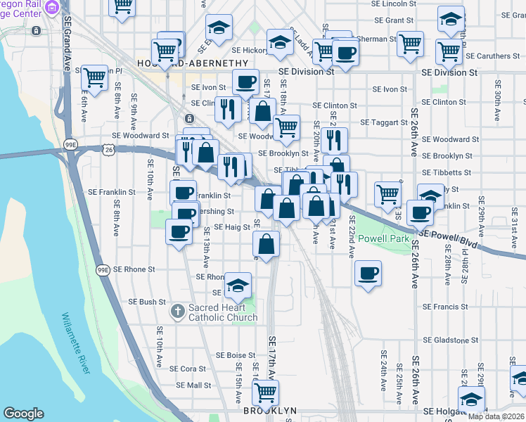 map of restaurants, bars, coffee shops, grocery stores, and more near 1610 Southeast Powell Boulevard Frontage Road in Portland