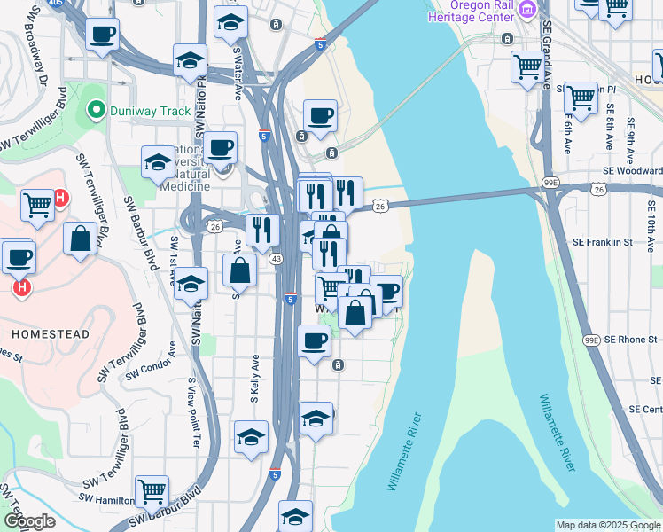 map of restaurants, bars, coffee shops, grocery stores, and more near 3303 South Bond Avenue in Portland