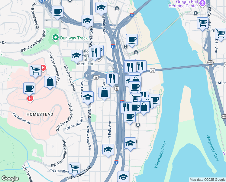 map of restaurants, bars, coffee shops, grocery stores, and more near 3236 South Kelly Avenue in Portland