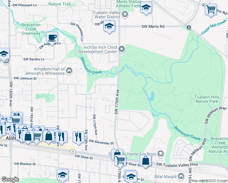 map of restaurants, bars, coffee shops, grocery stores, and more near 17120 Southwest Johnson Street in Beaverton
