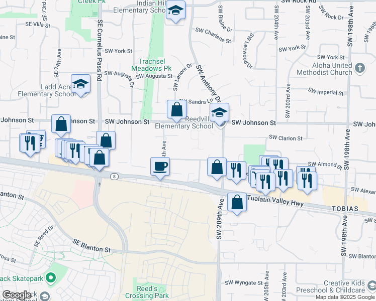 map of restaurants, bars, coffee shops, grocery stores, and more near 21141 Southwest Alexander Street in Beaverton