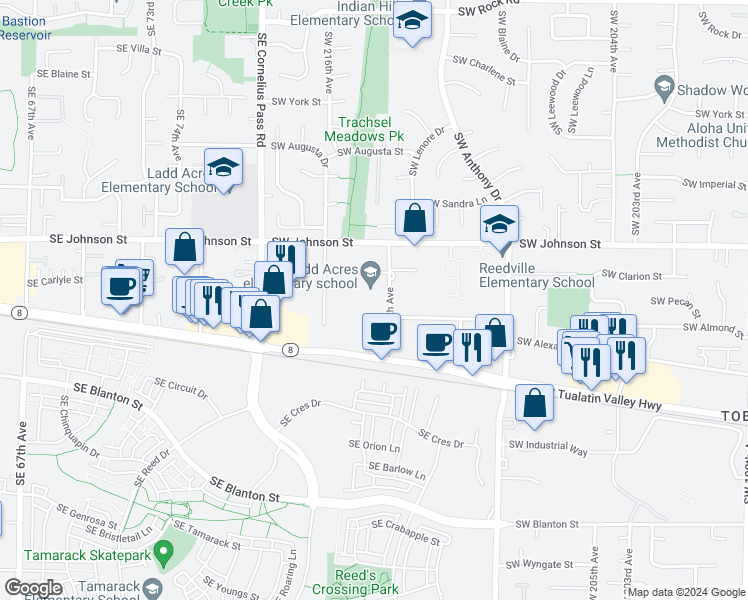 map of restaurants, bars, coffee shops, grocery stores, and more near 21520 Southwest Johnson Street in Beaverton