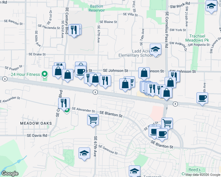 map of restaurants, bars, coffee shops, grocery stores, and more near 2796 Southeast Irwin Court in Hillsboro