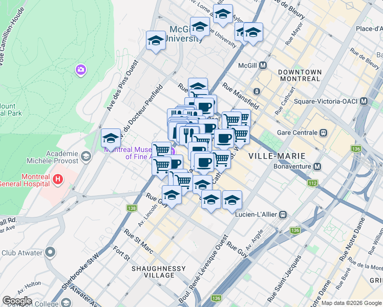 map of restaurants, bars, coffee shops, grocery stores, and more near 2080 Rue de la Montagne in Montréal
