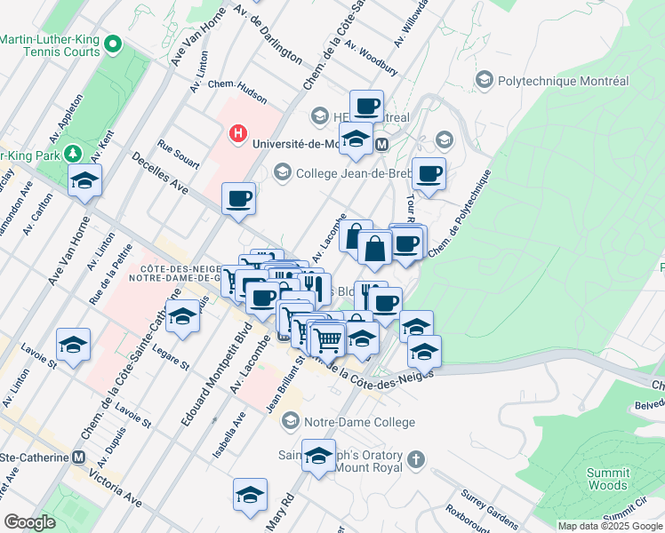 map of restaurants, bars, coffee shops, grocery stores, and more near in Montreal