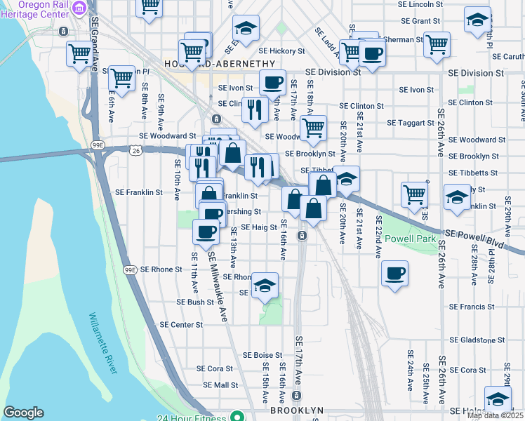 map of restaurants, bars, coffee shops, grocery stores, and more near 1431 Southeast Pershing Street in Portland