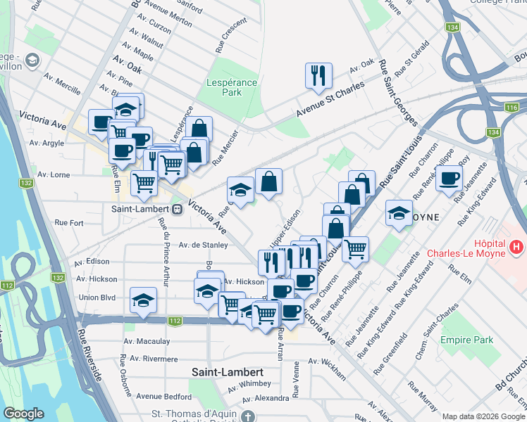 map of restaurants, bars, coffee shops, grocery stores, and more near 840 Avenue Notre-Dame in Saint-Lambert