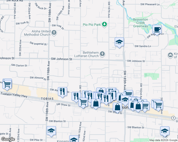 map of restaurants, bars, coffee shops, grocery stores, and more near 19027 Southwest Christopher Drive in Beaverton