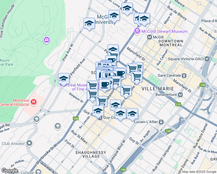 map of restaurants, bars, coffee shops, grocery stores, and more near 1330 Rue Sherbrooke Ouest in Montréal