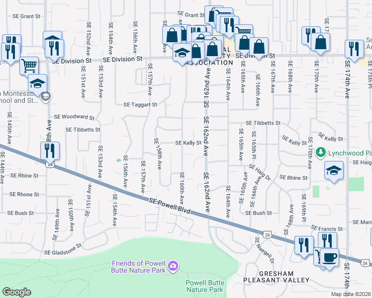 map of restaurants, bars, coffee shops, grocery stores, and more near 3147 Southeast 160th Avenue in Portland