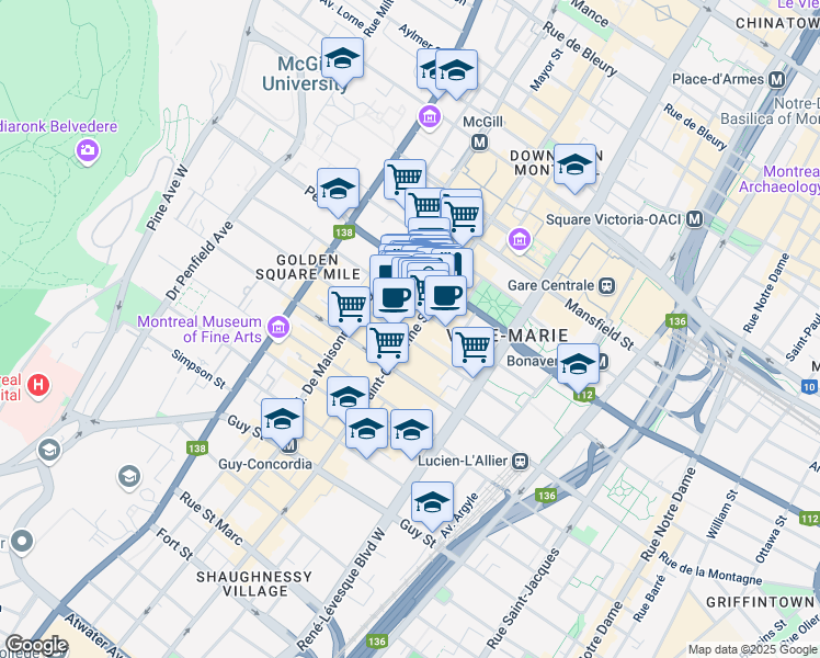 map of restaurants, bars, coffee shops, grocery stores, and more near 1125 Sainte-Catherine Ouest in Montréal