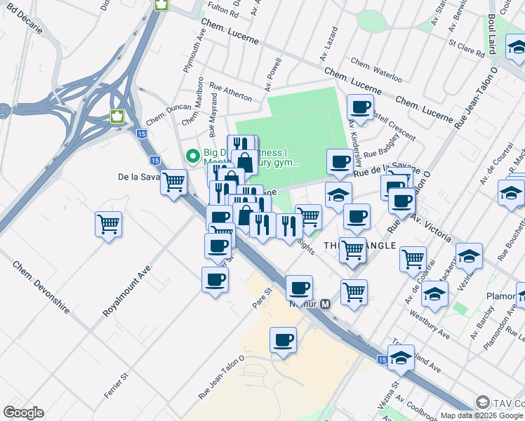 map of restaurants, bars, coffee shops, grocery stores, and more near 7950 Avenue Mountain Sights in Montrã©Al