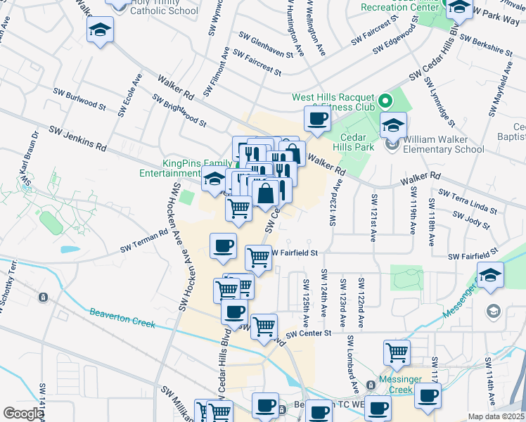 map of restaurants, bars, coffee shops, grocery stores, and more near 2905 Southwest Cedar Hills Boulevard in Beaverton