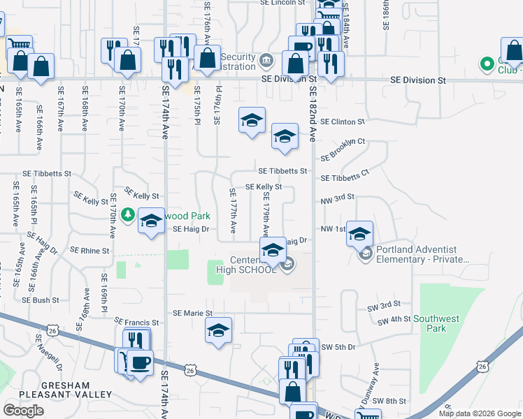 map of restaurants, bars, coffee shops, grocery stores, and more near 3235 Southeast 178th Avenue in Portland