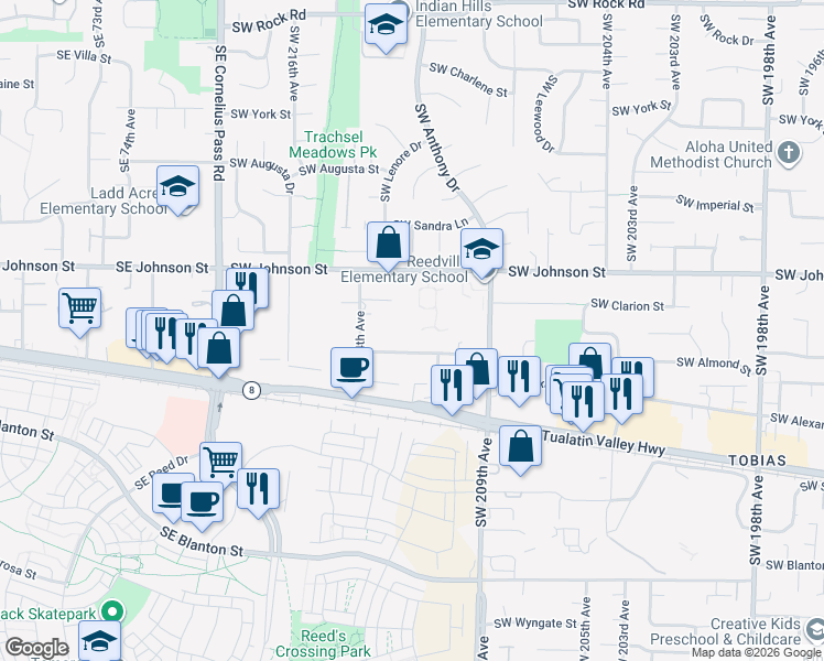 map of restaurants, bars, coffee shops, grocery stores, and more near 21101 Southwest Alexander Street in Aloha