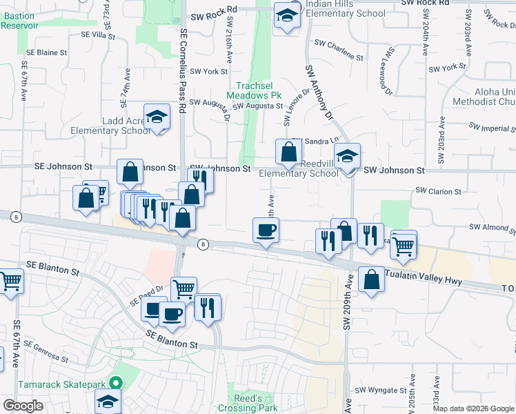 map of restaurants, bars, coffee shops, grocery stores, and more near 2845 Southwest 214th Avenue in Beaverton