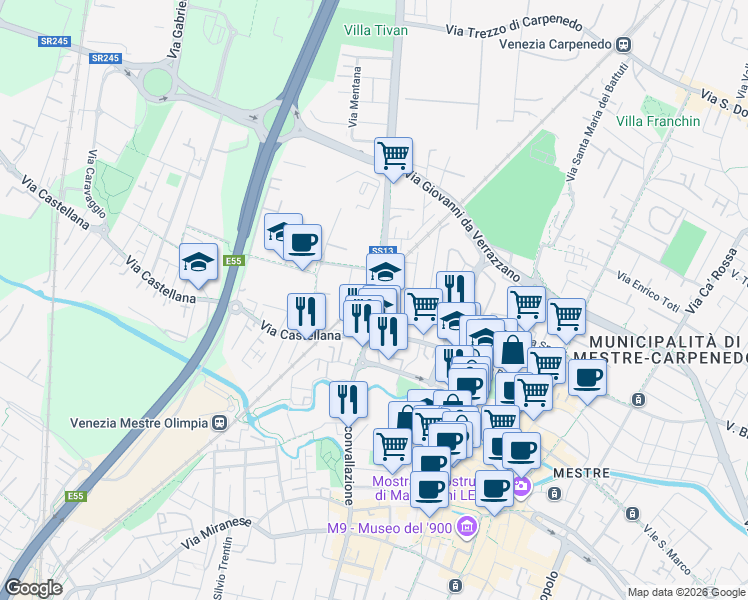 map of restaurants, bars, coffee shops, grocery stores, and more near 1 Via Bruno Nao in Mestre