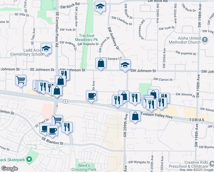 map of restaurants, bars, coffee shops, grocery stores, and more near 21141 Southwest Alexander Street in Beaverton