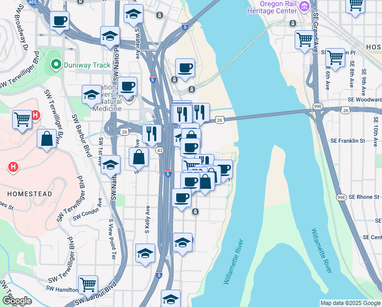 map of restaurants, bars, coffee shops, grocery stores, and more near 3303 South Bond Avenue in Portland