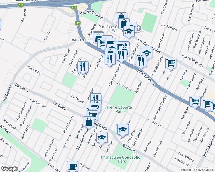 map of restaurants, bars, coffee shops, grocery stores, and more near 3190 Montée Saint-Hubert in Longueuil