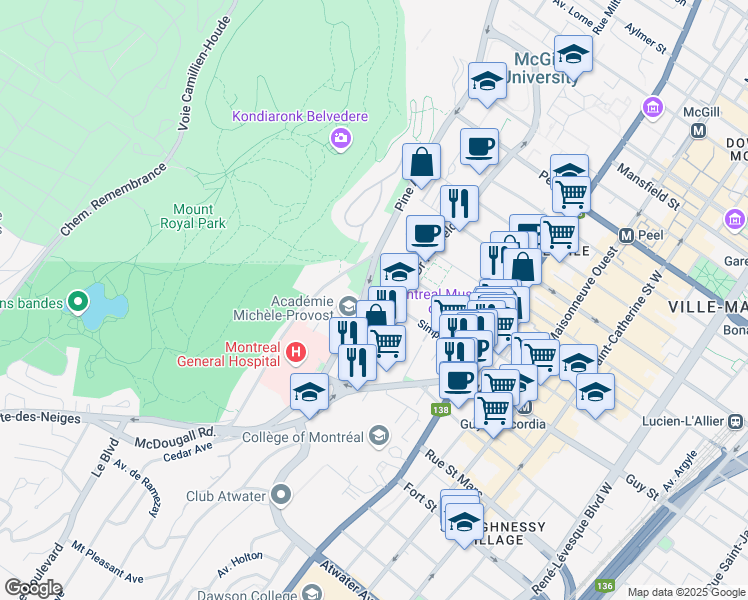 map of restaurants, bars, coffee shops, grocery stores, and more near 3542 Avenue Mcgregor in Montréal