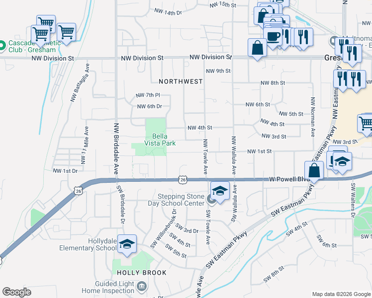 map of restaurants, bars, coffee shops, grocery stores, and more near 1595 Northwest 1st Street in Gresham