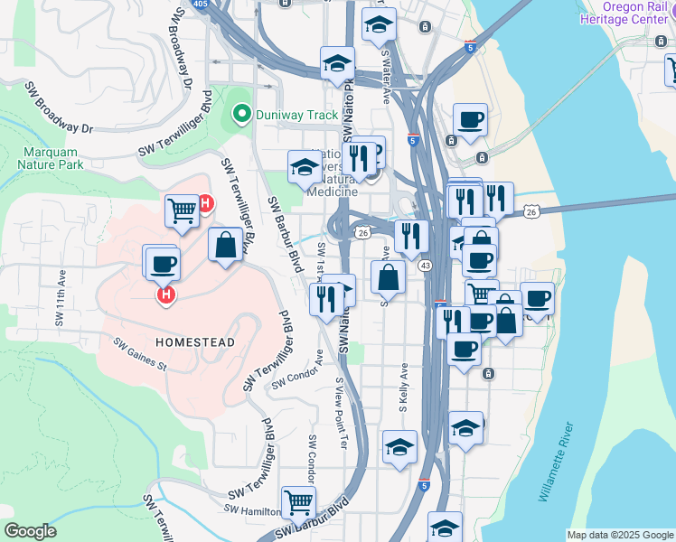 map of restaurants, bars, coffee shops, grocery stores, and more near 15 South Gibbs Street in Portland