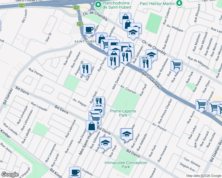 map of restaurants, bars, coffee shops, grocery stores, and more near 3190 Montée Saint-Hubert in Longueuil