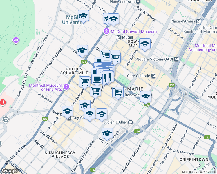 map of restaurants, bars, coffee shops, grocery stores, and more near 1262 Rue Stanley in Montréal