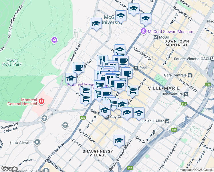 map of restaurants, bars, coffee shops, grocery stores, and more near in Montreal