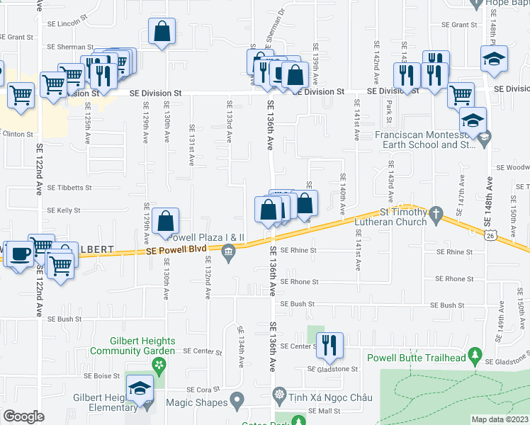 map of restaurants, bars, coffee shops, grocery stores, and more near 3203 Southeast 136th Avenue in Portland