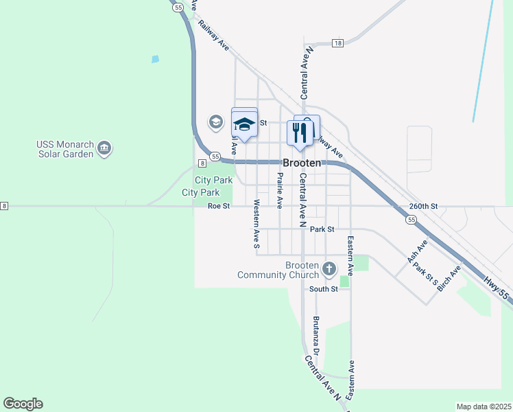 map of restaurants, bars, coffee shops, grocery stores, and more near 215 Western Avenue South in Brooten