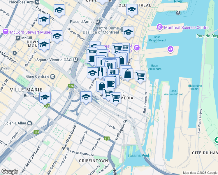 map of restaurants, bars, coffee shops, grocery stores, and more near 700 Rue Saint-Paul Ouest in Montréal