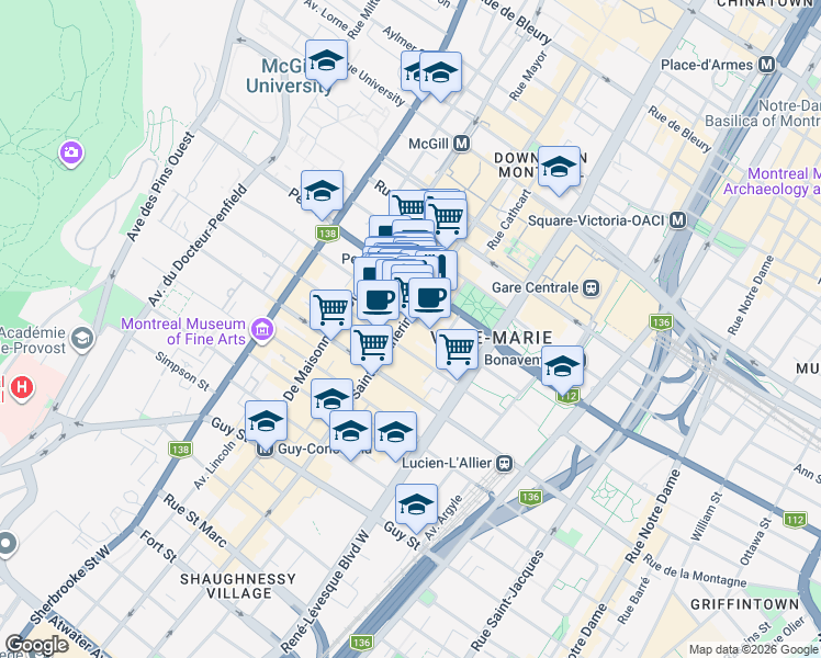 map of restaurants, bars, coffee shops, grocery stores, and more near in Montreal