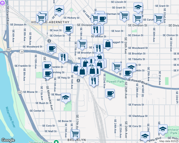 map of restaurants, bars, coffee shops, grocery stores, and more near 1925 Southeast Pershing Street in Portland
