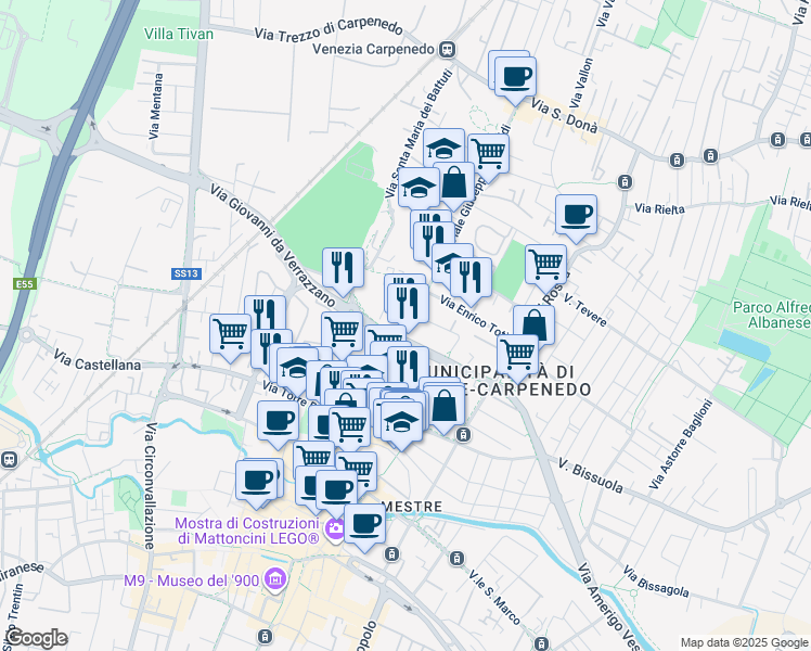 map of restaurants, bars, coffee shops, grocery stores, and more near Via Giosuè Carducci in Venezia